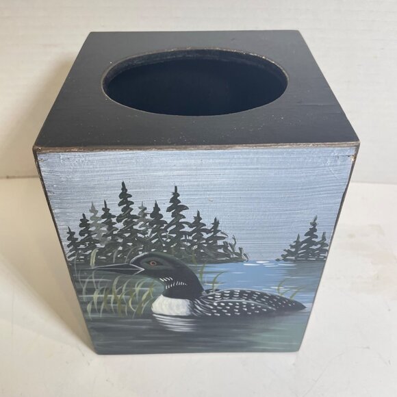 Hand-Painted Wooden Tissue Box Cover With Loon & Lake Scene - Picture 2 of 11